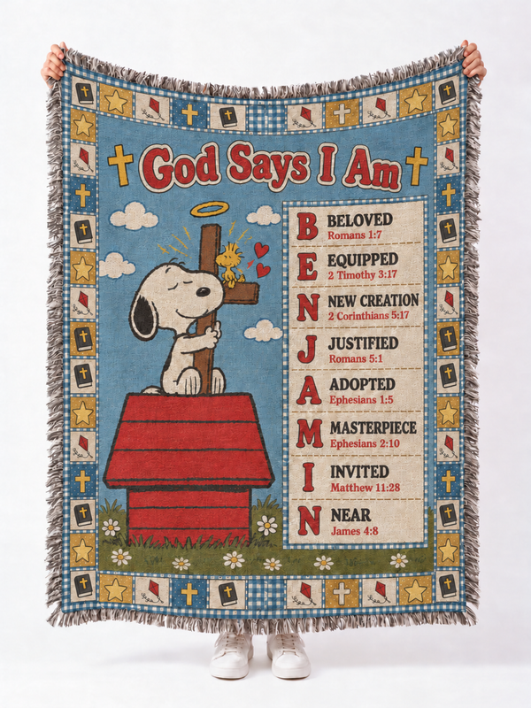 Personalized God Says I Am Blanket – Custom Name Bible Verse Woven Throw, Red & Blue Patchwork Quilt Christian Gift for Kids, Baptism & Christmas